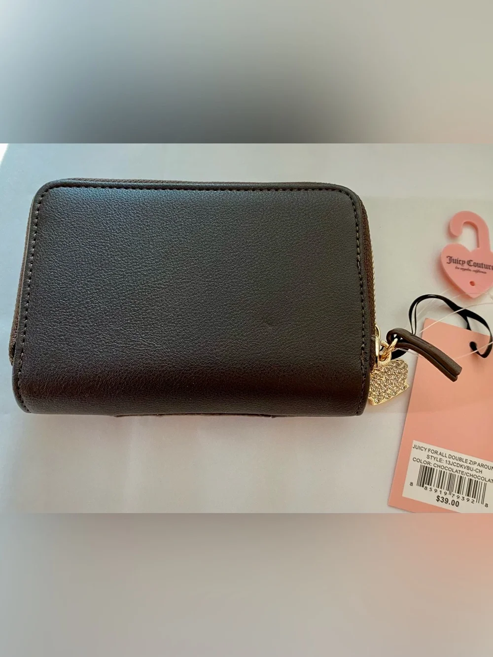 Juicy Couture Brown Plush Zip Wallet with Pink Crest Embroidery